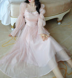 Cyflymder Elegant Evening Party Midi Dress Women Bubble Sleeve French Vintage Sweet Dress Female Pink Korean Style Fairy Dress Autumn 2022