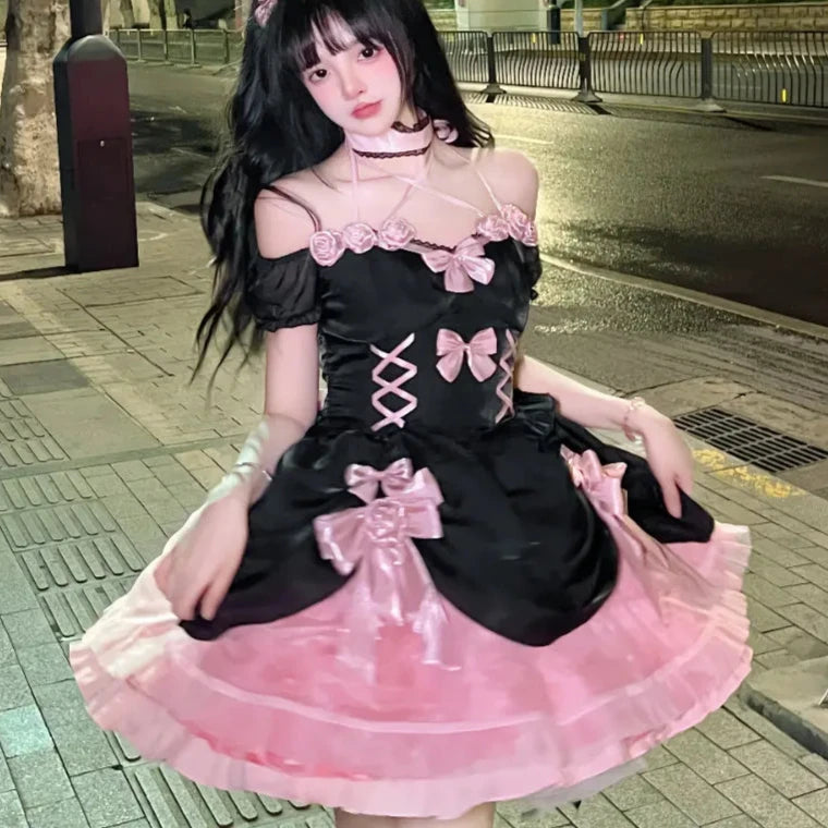 Cyflymder DRESS TO IMPRESS Japanese Gothic Lolita Dress Women Kawaii Bow Bear Lace Pink Black Off Shoulder Princess Dresses Girls Sweet Halloween Costume