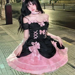 Cyflymder DRESS TO IMPRESS Japanese Gothic Lolita Dress Women Kawaii Bow Bear Lace Pink Black Off Shoulder Princess Dresses Girls Sweet Halloween Costume