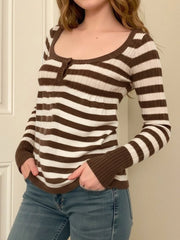 Cyflymder  Sweet Slim Casual U Neck Long Sleeve Striped Contrast Color Pullover Knitted Pullovers