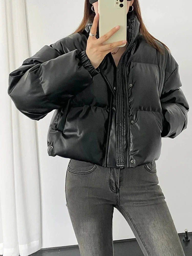 Parkas for Women Faux Leather Zippers Turtleneck Casual Coat Winter Fashion Thermal Button Pocket Female Jackets Cyflymder