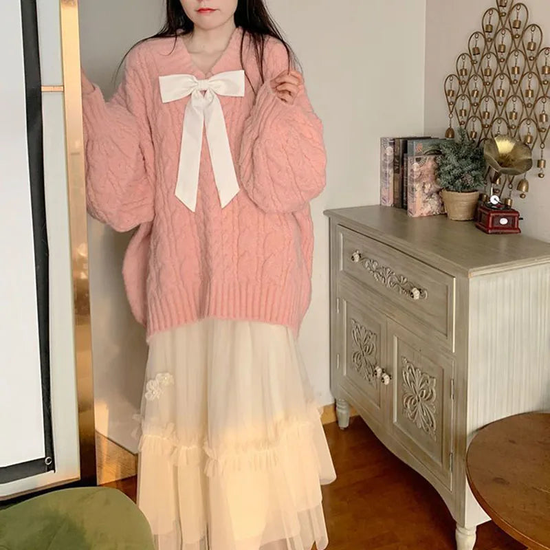 Cyflymder Pink Kawaii Oversize Knitwear Sweaters Women Sweet Cute Big Bow Pullovers Autumn Winter Keep Warm Lantern Sleeve V-Neck Sweater