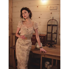 Cyflymder  Vintage Midi Dress Women Elegant Party Prom Lace Square Collar Dresses Summer Korean Puff Short Sleeve Bodycon Design Vestidos