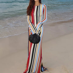 Cyflymder  Long Sleeve Women's Casual Long Dress Elegant Hight Waist Slim Fit Party Dresses Fashion Crew Neck Striped Printed Holiday Dress