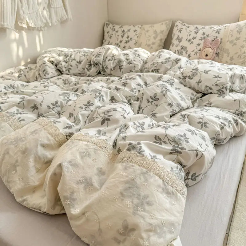 Cyflymder  INS French Style Fresh Floral Lace Trim Four-Piece Set Washed Cloud Cotton Quilt Cover Bed Sheet Dormitory Bed Sheet Sets