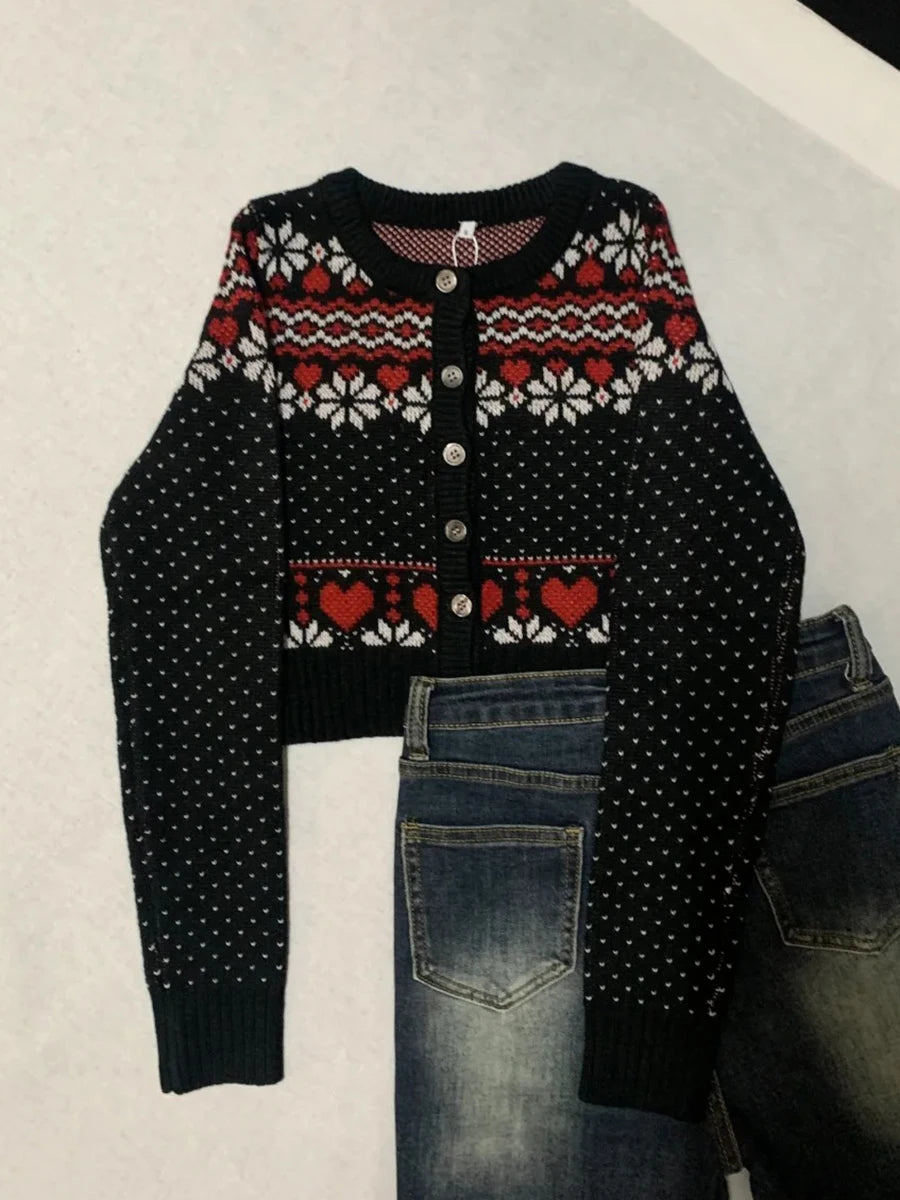 Cyflymder  Vintage Fair Isle Jacquard Knitted Cardigan Women Autumn Buttons Long Sleeve Cropped Jumper Coat Sweet Basic Slim Sweaters Tops
