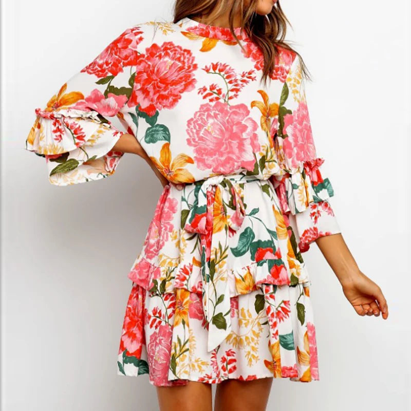 Cyflymder  Women's Elegant Bohemian Short Dress Spring Summer Floral Print Lace Up Mini Dress Casual Ruffle O Neck Pullover Dress Vestidos