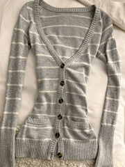 Cyflymder  Women's Gray And White Striped V-Neck Knitted Cardigan Slim Fit Button Sweater Long Sleeved Y2K Retro Casual Autumn Knitted