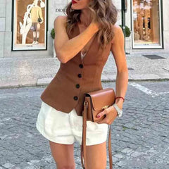 Cyflymder  Fashion Slim Vest For Women Summer 2025 New Brown Single Breasted V-neck Sleeveless Waistcoat Sleeveless Office Casual Solid Top