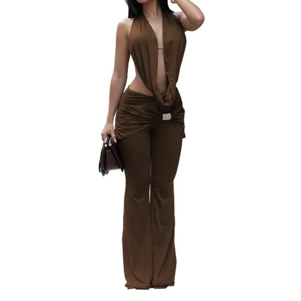 Cyflymder   Bra + Swinging Collar Halter Lace Up Backless Tank Tops + Metal Buckle Ruched Flare Pants Women Sexy 3 Piece Set Fashion Suits