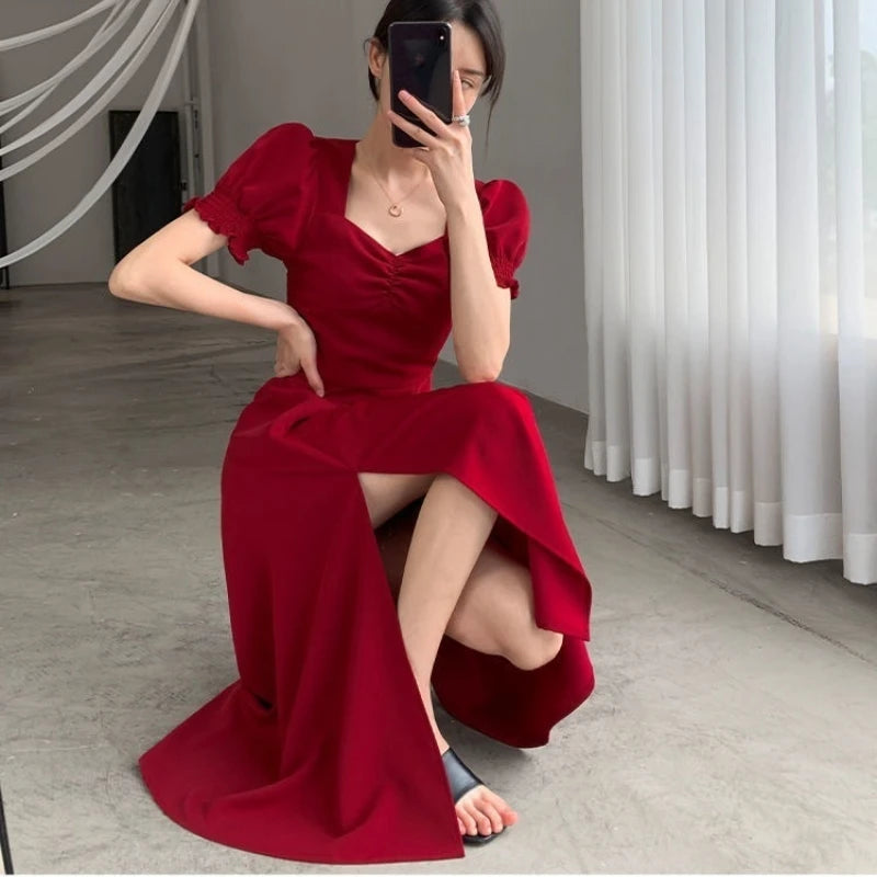 Cyflymder DRESS TO IMPRESS Solid Puff Short-Sleeved Elegant Dress Women Clothing Wedding Guest New Year Women Fashion High Waist Slim Evening Party Dresses