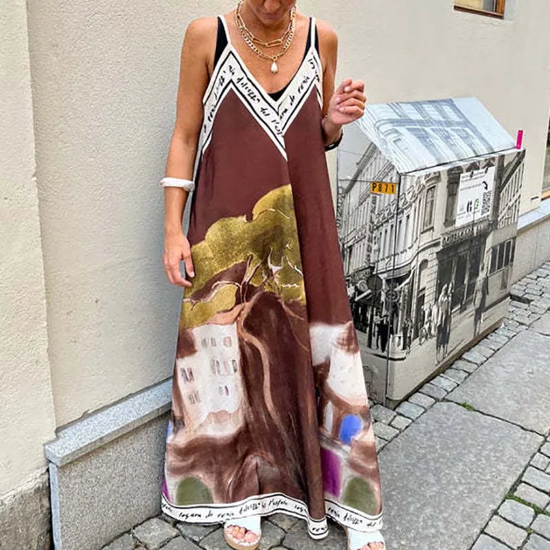 Cyflymder  Vintage Women V Neck Sleeveless Holiday Dress Casual Off Shoulder Hollow Swing Beach Dress Loose Suspender Summer Bohemian Dress