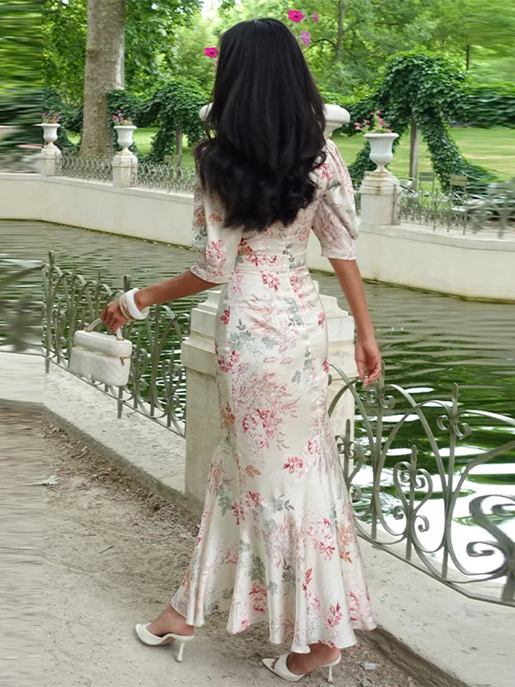 Cyflymder  Deep V Short Sleeve Printed Long Dress Women Sexy Waist Cinching Hip Package Party Evening Dresses Fashion Ladies Vestido Longo