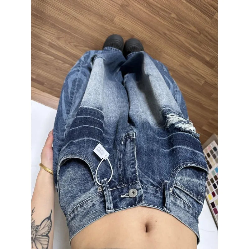 Cyflymder  Vintage American High Street Curved Ripped Jeans Women High Waist Loose Wide Leg Flattering Washed Denim Pants New Trendy