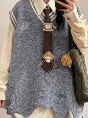 Cyflymder  Japanese Cartoon Embroidery Women Sweater Vest Harajuku Loose Patchwork Waistcoat Y2k Aesthetic Irregular Knitted Grunge Tanks