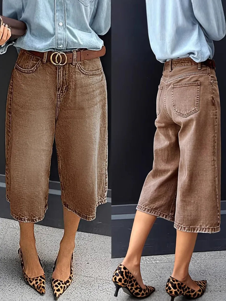 Cyflymder   Women's Jeans Cotton Washed Mid Waist Denim Pants Wide Leg Light Wash High Waisted Denim Trousers Button Fly Cropped Length