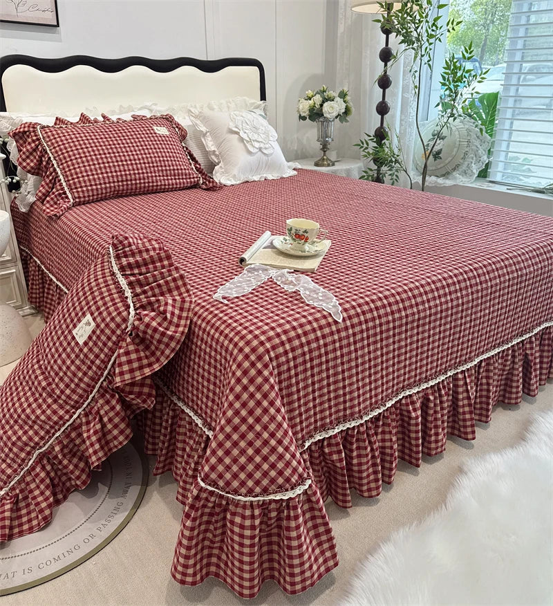 Cyflymder  100% Cotton yarn-dyed Plaid Washed Cotton Ruffles Korean Princess Bedding Set Duvet Cover Quilted Bedspread Pillowcases 4Pcs
