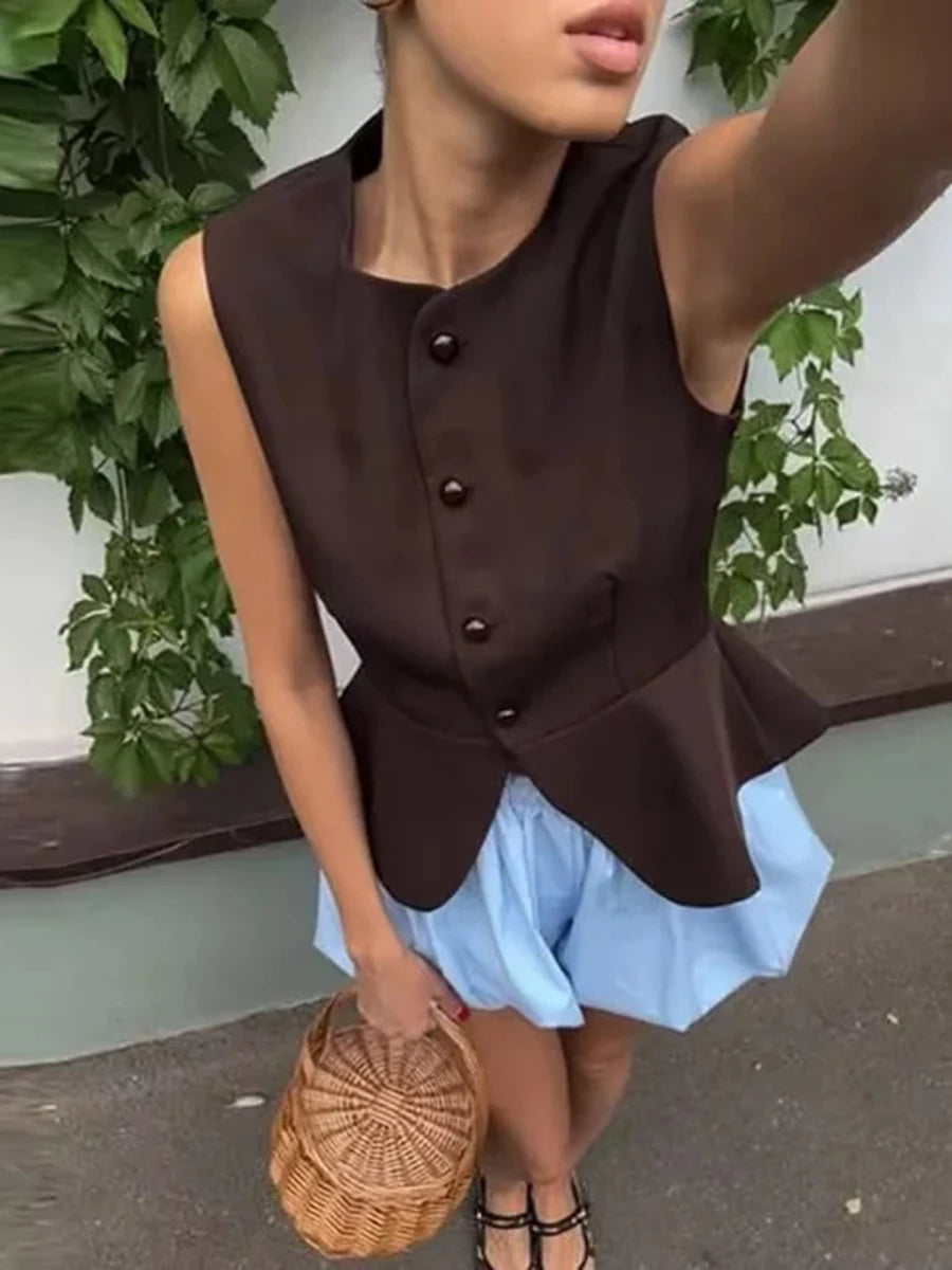 Cyflymder  Office Ruched Hem Tank Top for Women O Neck Sleeveless Patchwork Single Breasted Temperament Vest Female Fashion