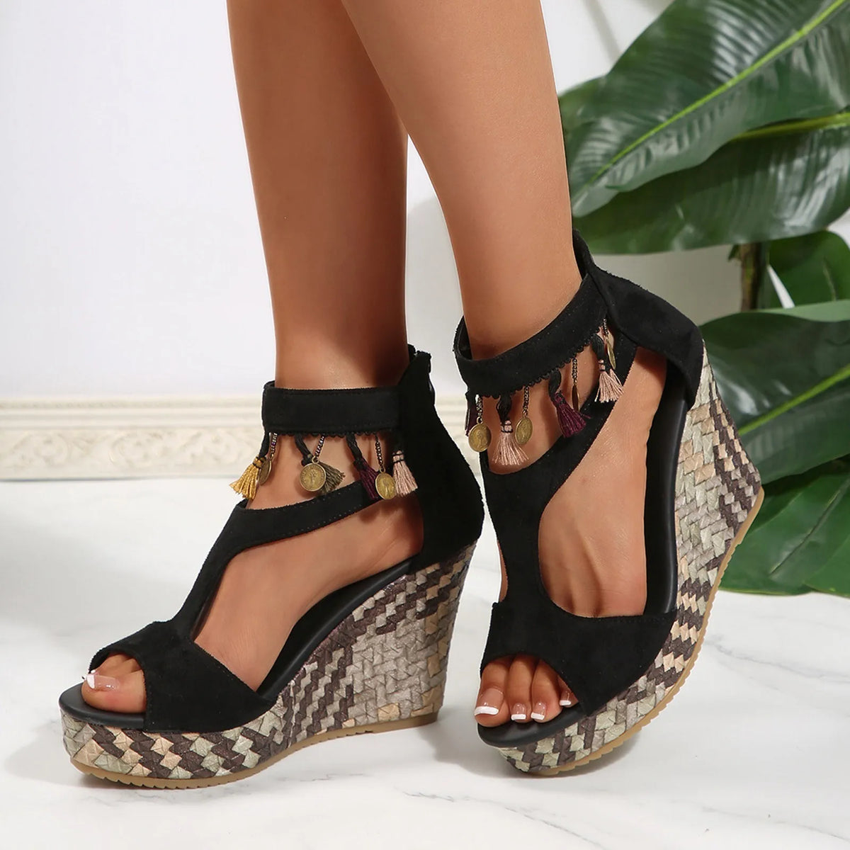 Cyflymder  Women's Fashion Slope Heel Sandal Tassels Hollowed Out Elastic Strap Thick Bottom Height Increase Open Toe Woven Vintage Sandals