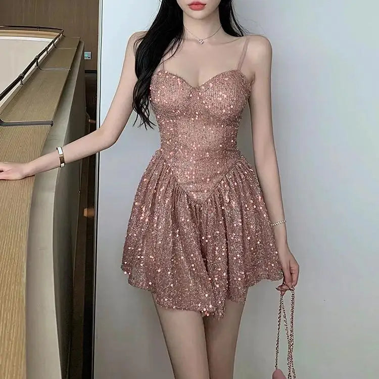 Cyflymder  Sexy Suspender Shiny Sequin Skirt Waist Slimming and Pleated Dress