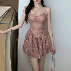 Cyflymder  Sexy Suspender Shiny Sequin Skirt Waist Slimming and Pleated Dress