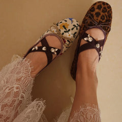 Cyflymder  Elegant Women Ballet Flats with Bow Embroidery Crystal Leopard Print Mary Jane Shoes Comfortable Lightweight Loafers