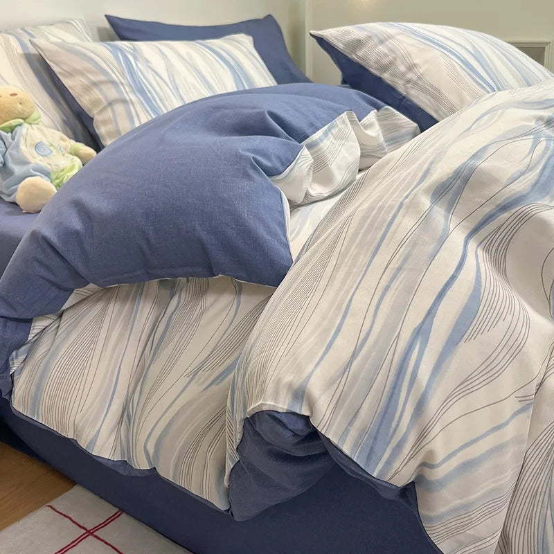 Cyflymder  Simple Nordic Pure Cotton Striped Bedding Set Naked Sleeping Comfortable Duvet Cover Set Fitted Sheet Kit for Single and Double