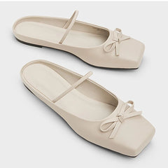 Cyflymder   Summer Elegant Black Square Toe Ballet Flats Shoes Women Butterfly Knot Slip On Comfy Walking Mules Shoes Outdoor Slides