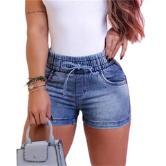 Cyflymder  Women Stretch Lace-up Elastic Waist Denim Shorts Summer High-Waist Three Quarter Pants Female Casual Mini Tight Straight Jeans 4