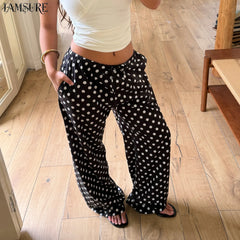 Cyflymder  Casual Polka Dot Print Elastic Waist Pants Women's Straight Leg Full Length Woven Trousers Vacation Style Beach Bottoms Fashion