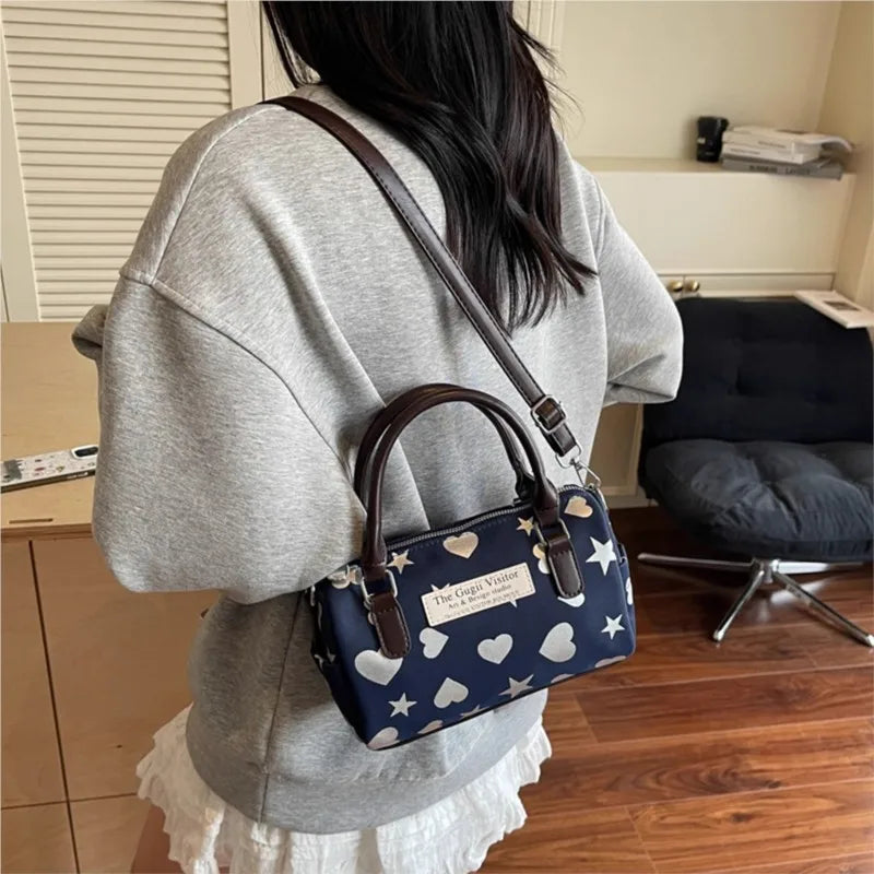 Cyflymder  Harajuku Style Heart Star Print Canvas Bag Women Sweet Cute Boston Bag Ladies Versatile Fashion Trendy Handbag Y2k Aesthetic New