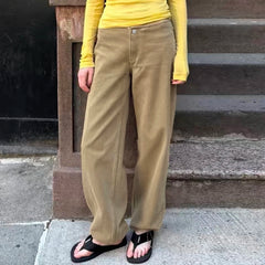 Cyflymder  Women Low Waist Khaki Wide Leg Jeans Single Button Straight Baggy Denim Pants Vintage Casual Street Trousers Bottoms New 2027
