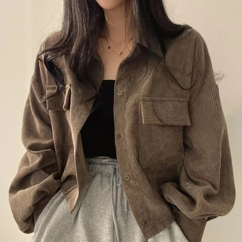 Cyflymder Autumn Retro Versatile Single Breasted Turndown Collar Long Sleeved Jacket for Women Coffee Casual with Pockets Loose Coat