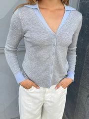 Cyflymder  Women Blouses Stylish Long Sleeve V-neck Button Down Patchwork Top with  Fit Design for Chic Street Style and Everyday Wear