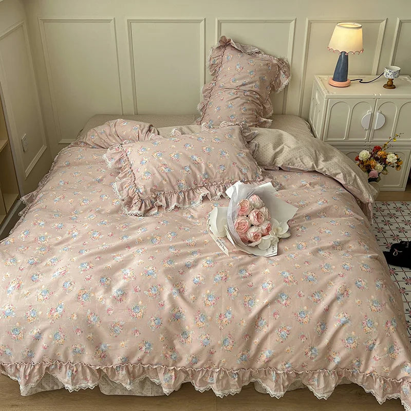 Cyflymder  Korean Princess Style Ruffles Flower Print Bedding Set Duvet Cover Set Bed Skirt Bedspread Pillowcases 100% Cotton Home Textile
