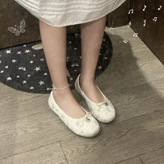 Cyflymder  Korean Style Unique Star Embroidery Bow Ballet Shoes For Women New Sweet Girlish Flat Shallow Mouth Dress Footwear