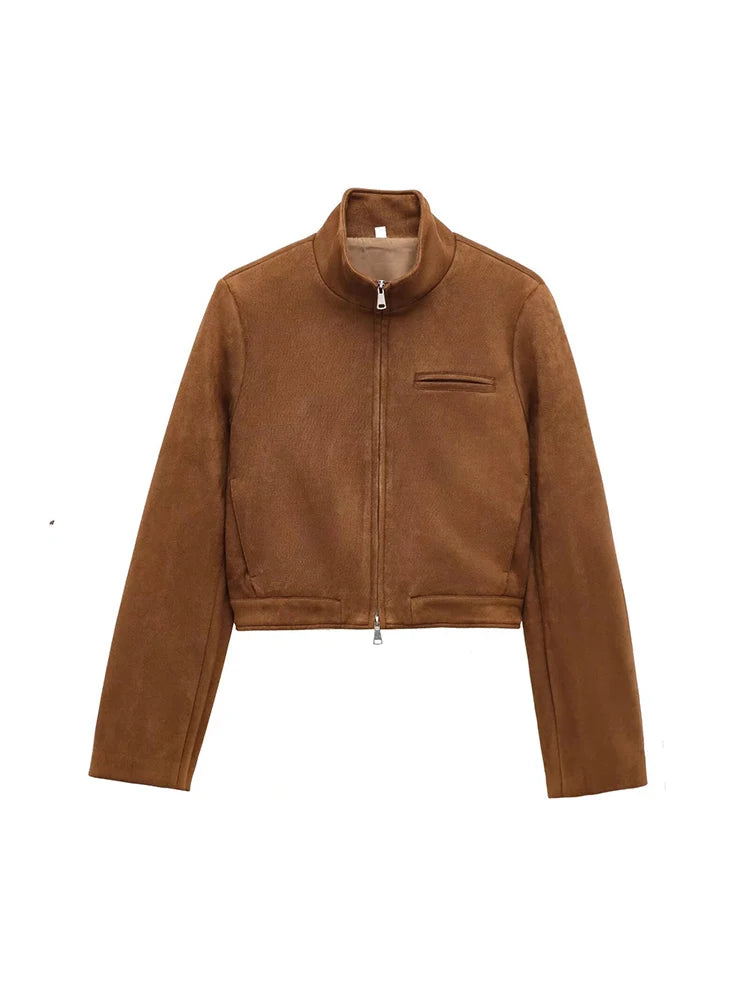 Cyflymder  Women's Brown Suede Stand Collar Short Jacket Long Sleeve Zipper Y2K Streetwear Spring Fashion Brown Coat for Ladies