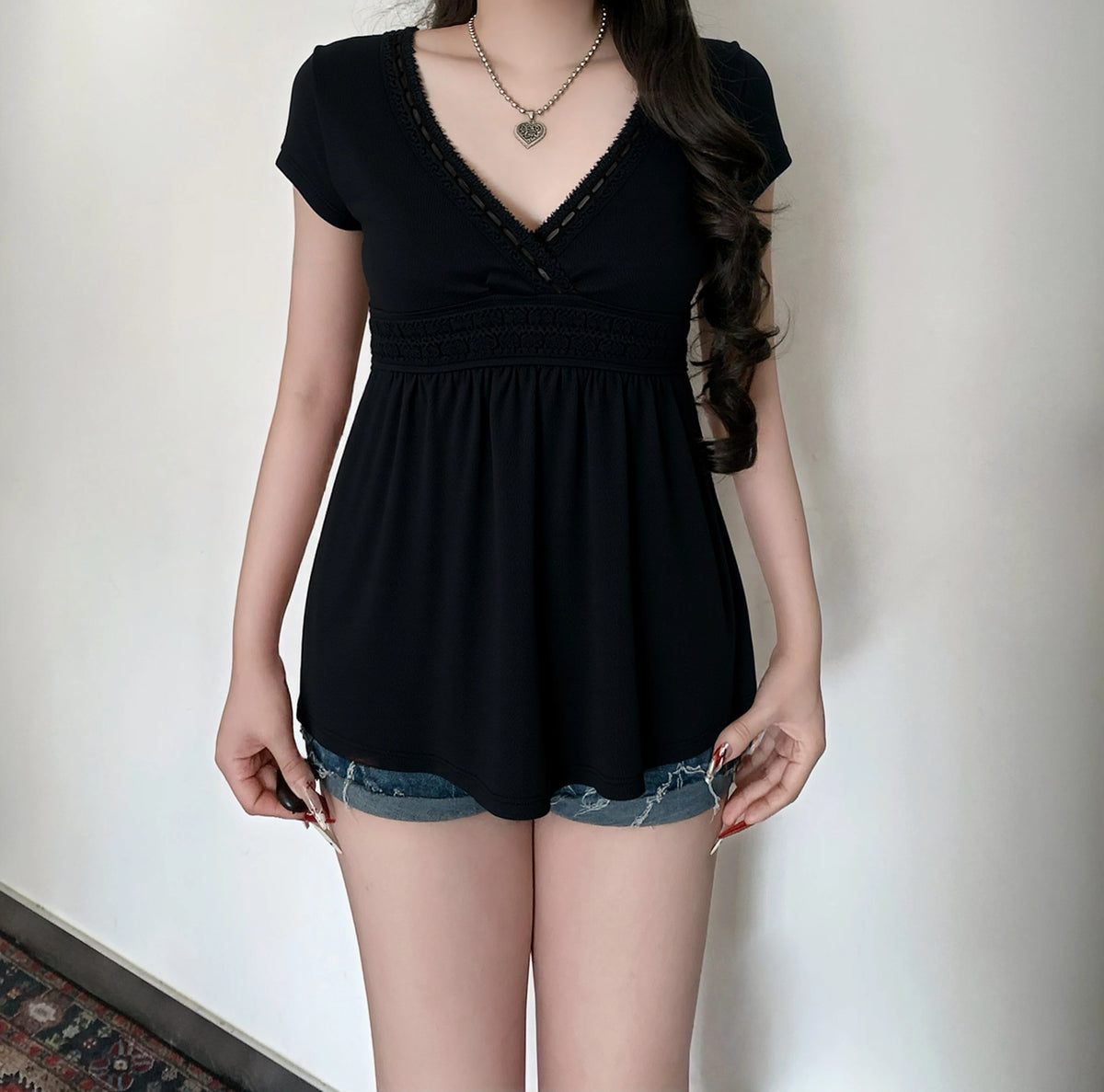 Cyflymder  Y2K Grunge Babydoll T-shirt Lace Trim V Neck Empire Waist Milkmaid Tees E-girl Retro Aesthetic Blouse Tees Streetwear
