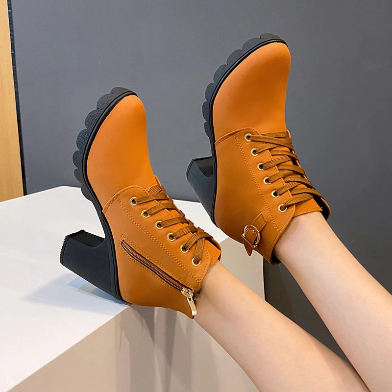 Cyflymder Boots Women Shoes Women Fashion High Heel Lace Up Ankle Boots Ladies Buckle Platform Artificial Leather Shoes bota feminina