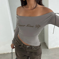 Cyflymder  Y2k Streetwear Off-shoulder T-shirt Women Irregular Mesh Letter Print Top Summer Outfit Long Sleeve Tees Coquette Chic