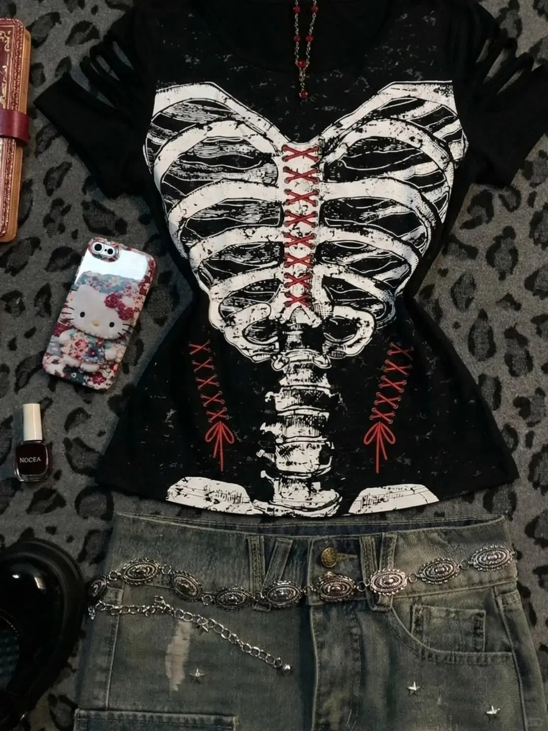 Cyflymder  Skull Print T-shirt Gothic Punk Slim Y2k Vintage Streetwear Crop Top Woman Clothing Short Sleeve Basics Hot Girl Emo Tees Summer
