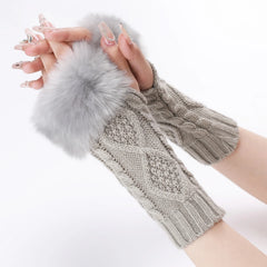 Cyflymder  A Pair Of Women's Knitted Fingerless Gloves With Faux Fur Cuff, Warm Winter Fall For Ladies,  Cable Knit Arm Warmers For Cold