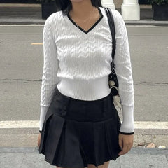 Cyflymder  Fashion Vintage Preppy V Neck Long Sleeve Pullovers Y2k Knitted Slim Waist All Match High Street Women Sweaters Harajuku Jumpers