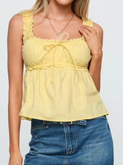 Cyflymder  Women s Sleeveless Ruffle Trimmed Babydoll Tank Top with Bow Detail and Loose Hem - Chic Solid Camisole for Summer Style