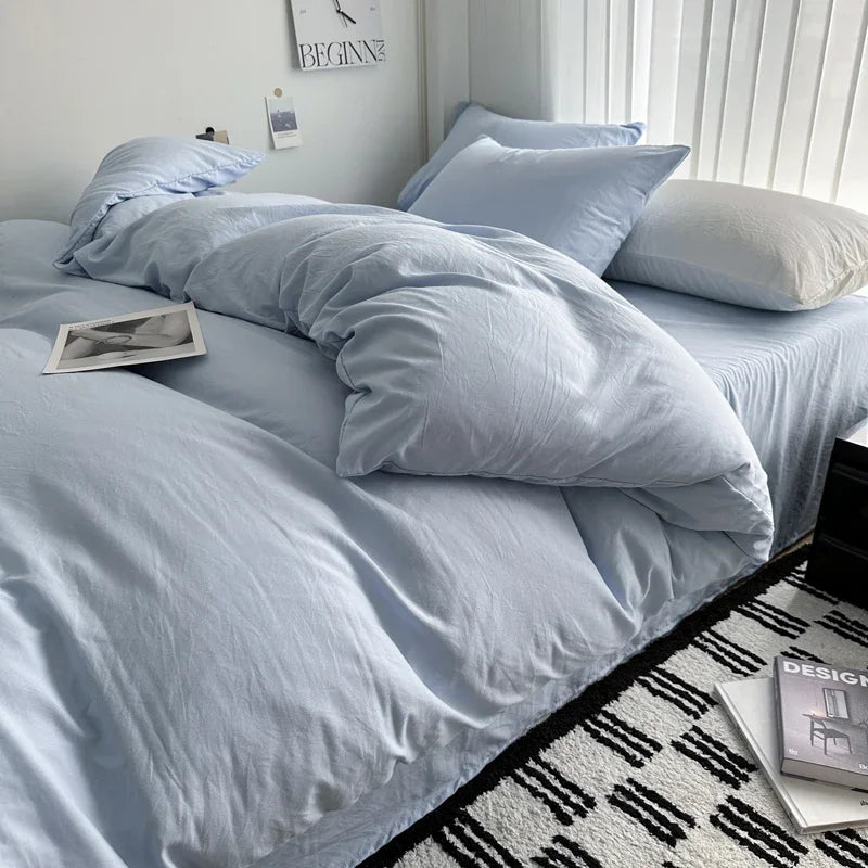 Cyflymder  Bed Linen Solid Cotton Bedding Set with Sheet Duvet Cover Pillowcases Single Couple Bedsheet King Queen Double Twin Size