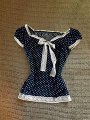 Cyflymder  Vintage T-shirt Y2k 2000s Crop Top Lace Slim Polka Dot Woman Clothes Harajuku Basics Summer Short Sleeves Fashion Sweet Tee Chic