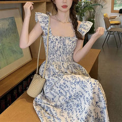 Cyflymder  Broken Flowers Flying Sleeve Dresses Women's Clothing Vintage Printed Summer French Style Square Collar Stylish Folds Long Dress