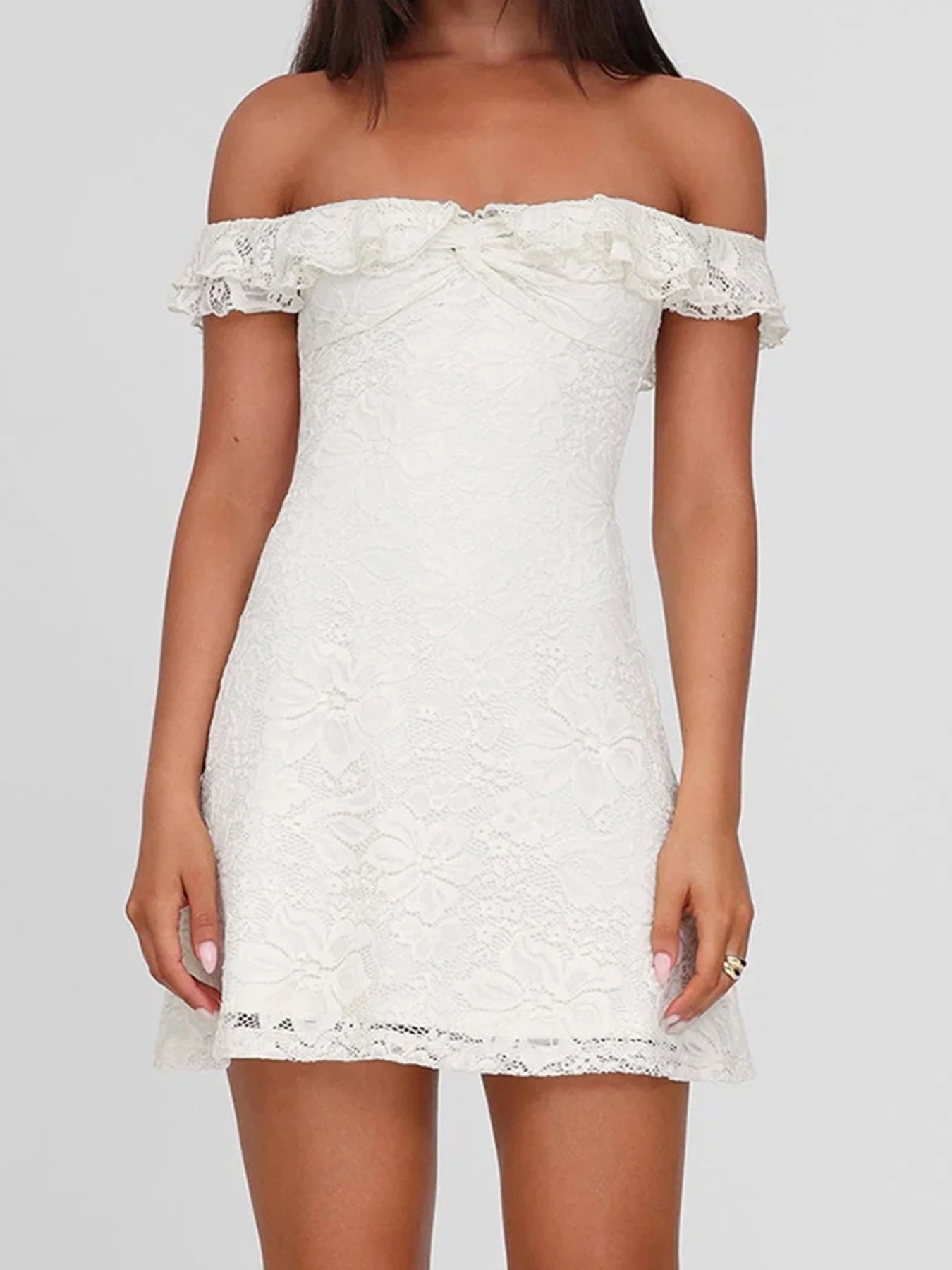 Cyflymder  Elegant Ladies Solid Lace Dress Summer Holiday Ruffles Off-shoulder A-line Mini Dresses for Women Vintage 2000s Clothing