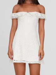 Cyflymder  Elegant Ladies Solid Lace Dress Summer Holiday Ruffles Off-shoulder A-line Mini Dresses for Women Vintage 2000s Clothing