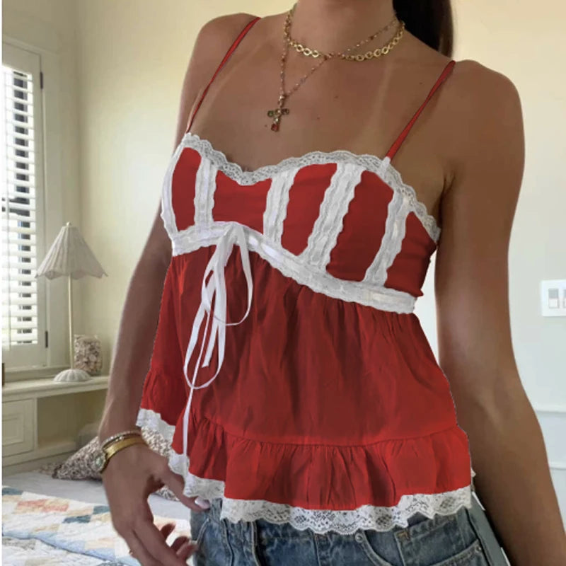 Cyflymder  Lace Trim Babydoll Camis Y2k Fairycore Peplum Crop Tops 00s Aesthetic Backless Tank Tops Women Milkmaid Vest Holiday